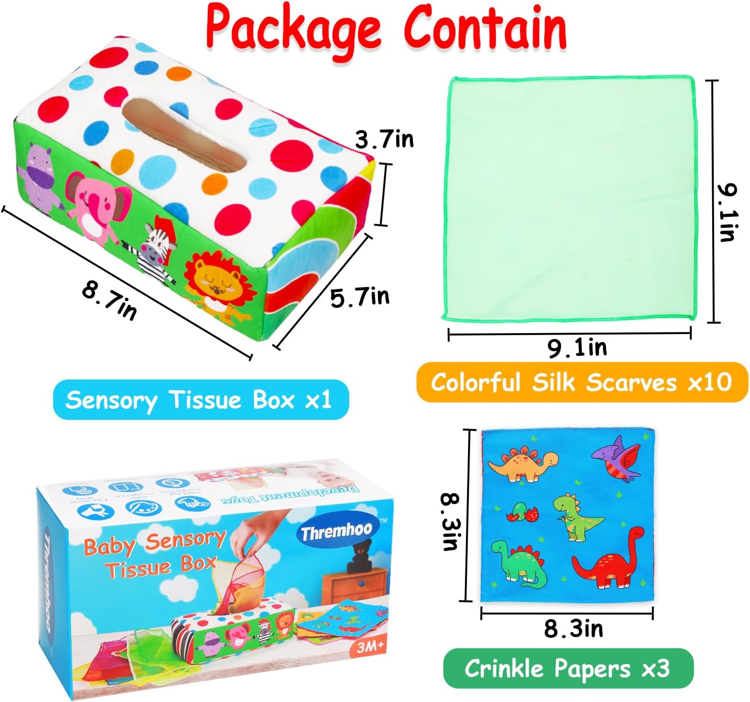 Thremhoo Baby Toys 3 4 5 6 7 8 9 12 Month Old Montessori Tissue Box Toys for Babies Infants 0-6 6-12 Months Sensory Educational Crinkle Toy Developmental Gift for 1 2 Year Old Boys Girls Toddlers